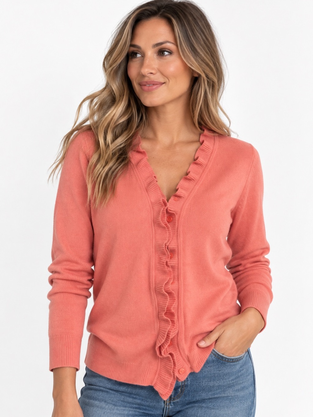 Garnet Hill 100% Cashmere Coral Ruffle Button Cardigan Sweater S